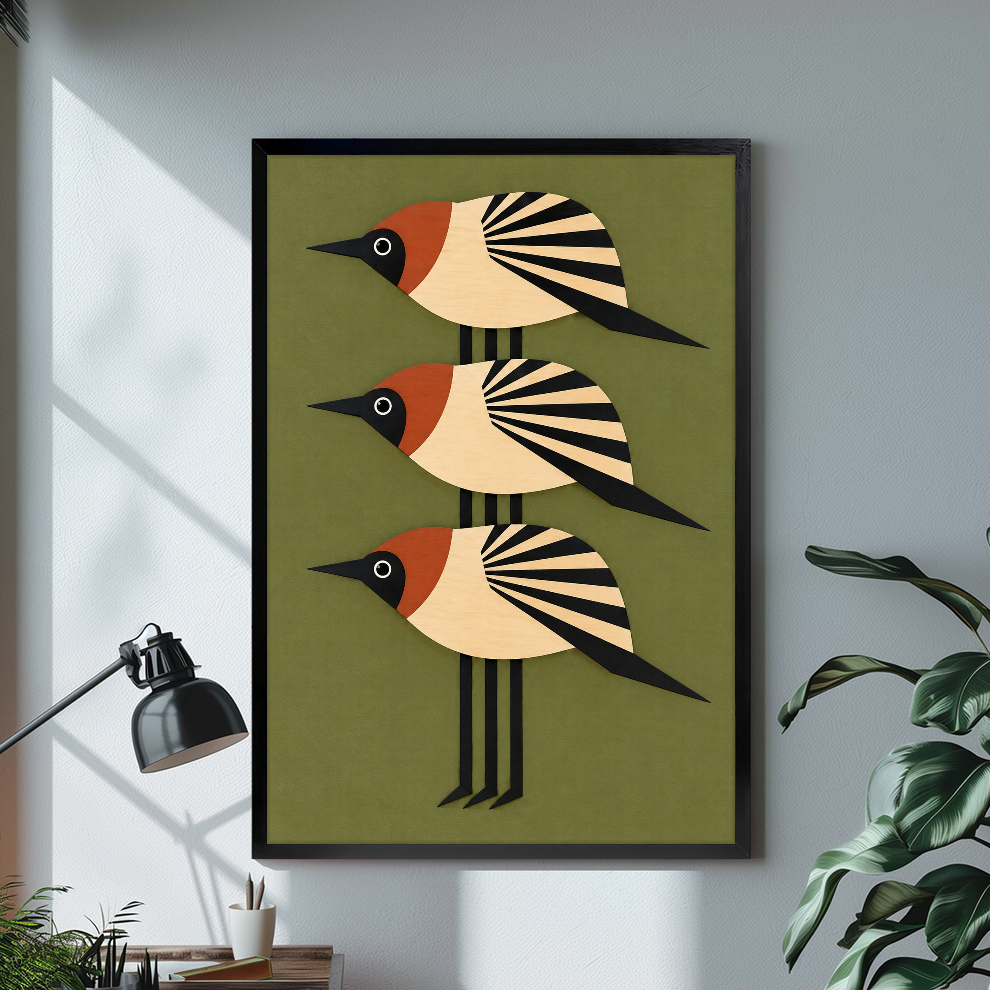 Black framed three stacked folk birds canvas displayed above a console in the selected room setting.