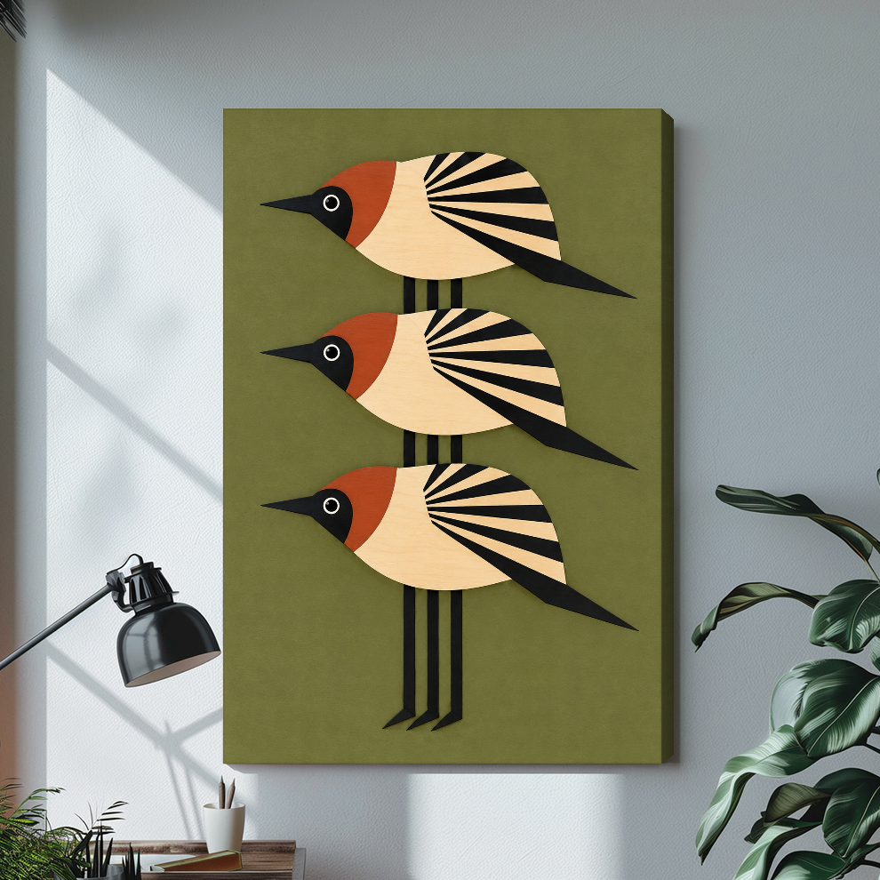 Stretched three stacked folk birds canvas with a visible wrapped edge in the selected room setting.