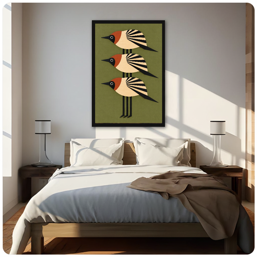 Framed three stacked folk birds canvas above a neutral bed beside soft bedroom lighting and lamps.
