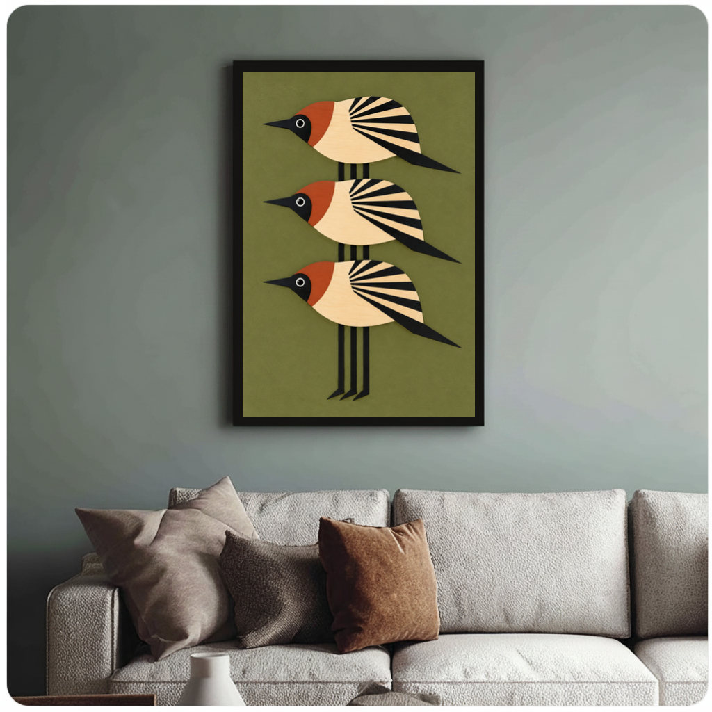 Framed three stacked folk birds canvas above a neutral sofa with cushions against a muted wall.
