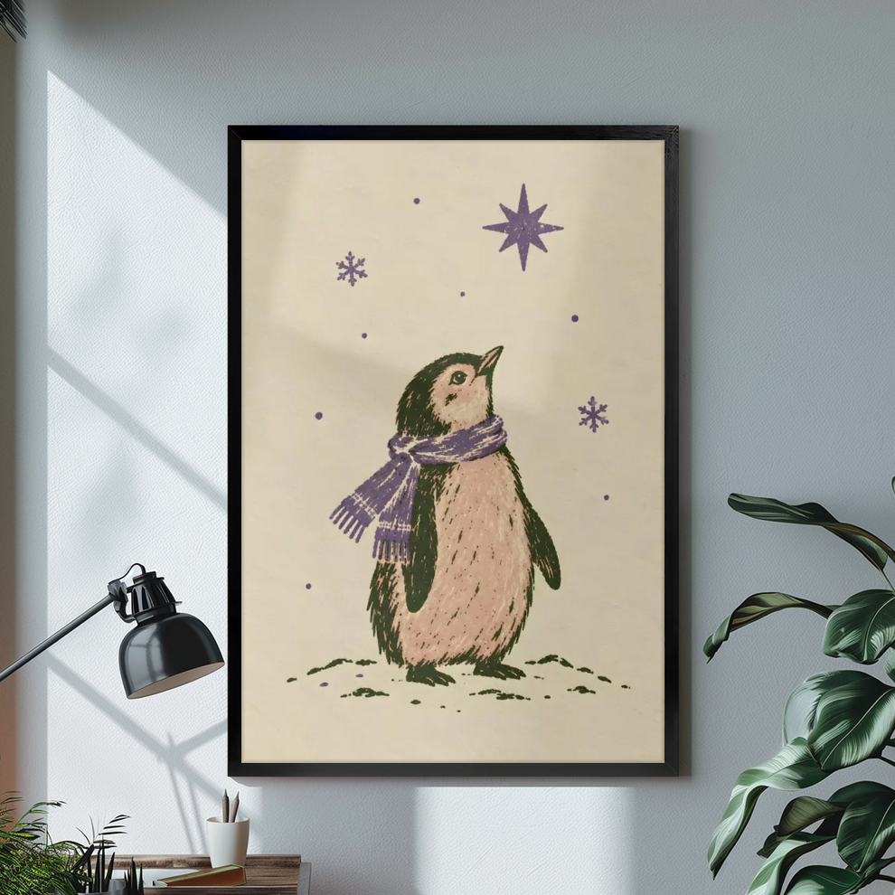 Black framed penguin under purple stars canvas displayed above a console in the selected room setting.