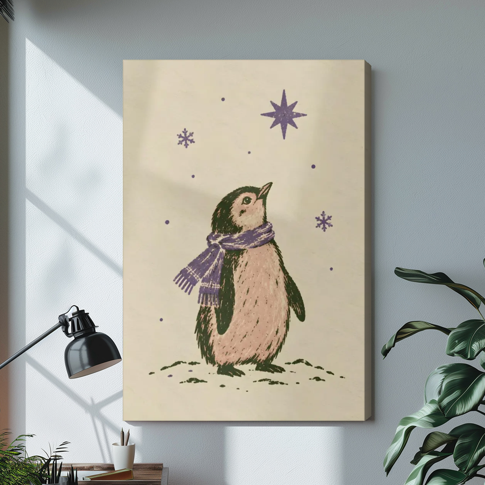 Stretched penguin under purple stars canvas with a visible wrapped edge in the selected room setting.