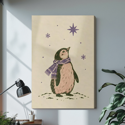 Stretched penguin under purple stars canvas with a visible wrapped edge in the selected room setting.