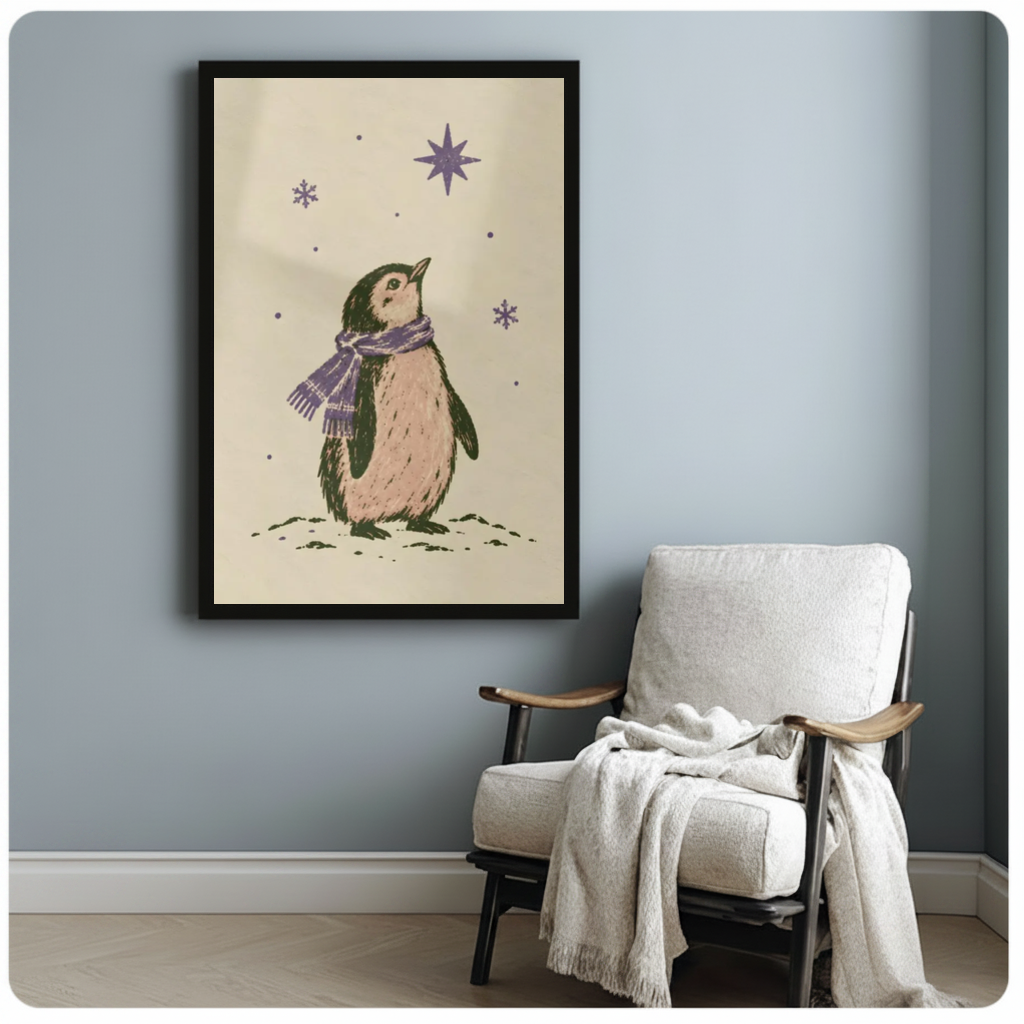 Framed penguin under purple stars canvas beside a pale reading chair on a blue gray wall.