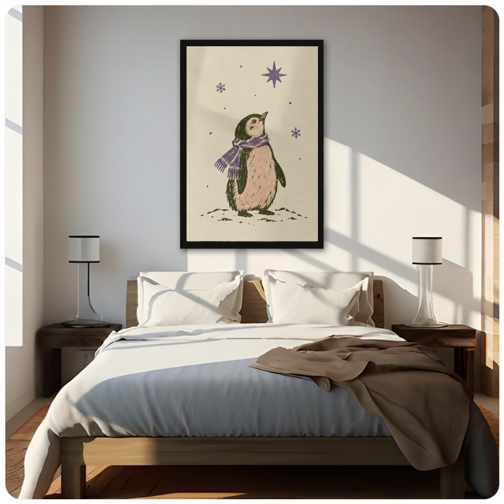 Framed penguin under purple stars canvas above a neutral bed beside soft bedroom lighting and lamps.