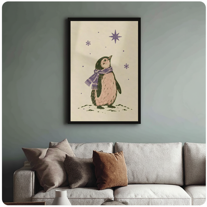 Framed penguin under purple stars canvas above a neutral sofa with cushions against a muted wall.