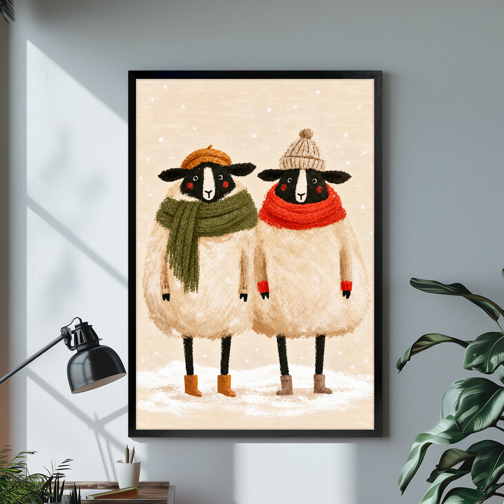 Black framed winter sheep friends canvas displayed above a console in the selected room setting.