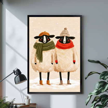 Black framed winter sheep friends canvas displayed above a console in the selected room setting.