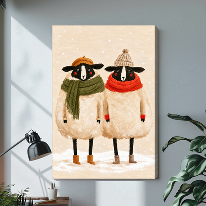 Stretched winter sheep friends canvas with a visible wrapped edge in the selected room setting.