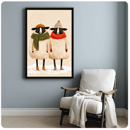 Framed winter sheep friends canvas beside a pale reading chair on a blue gray wall.