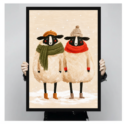 A person holds black framed winter sheep friends canvas against a light neutral background.