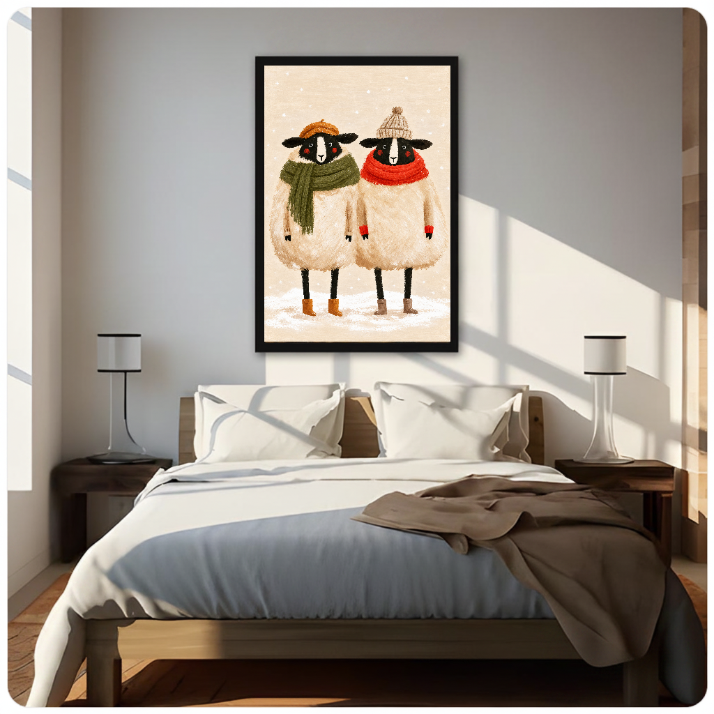Framed winter sheep friends canvas above a neutral bed beside soft bedroom lighting and lamps.