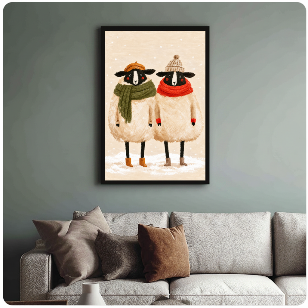 Framed winter sheep friends canvas above a neutral sofa with cushions against a muted wall.