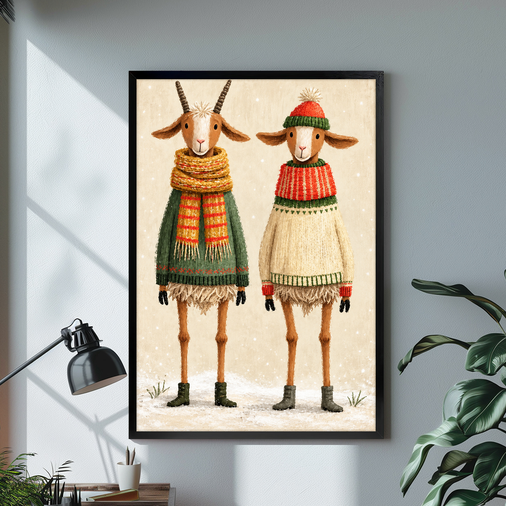 Black framed cozy winter goat pair canvas displayed above a console in the selected room setting.