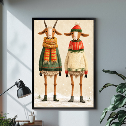 Black framed cozy winter goat pair canvas displayed above a console in the selected room setting.