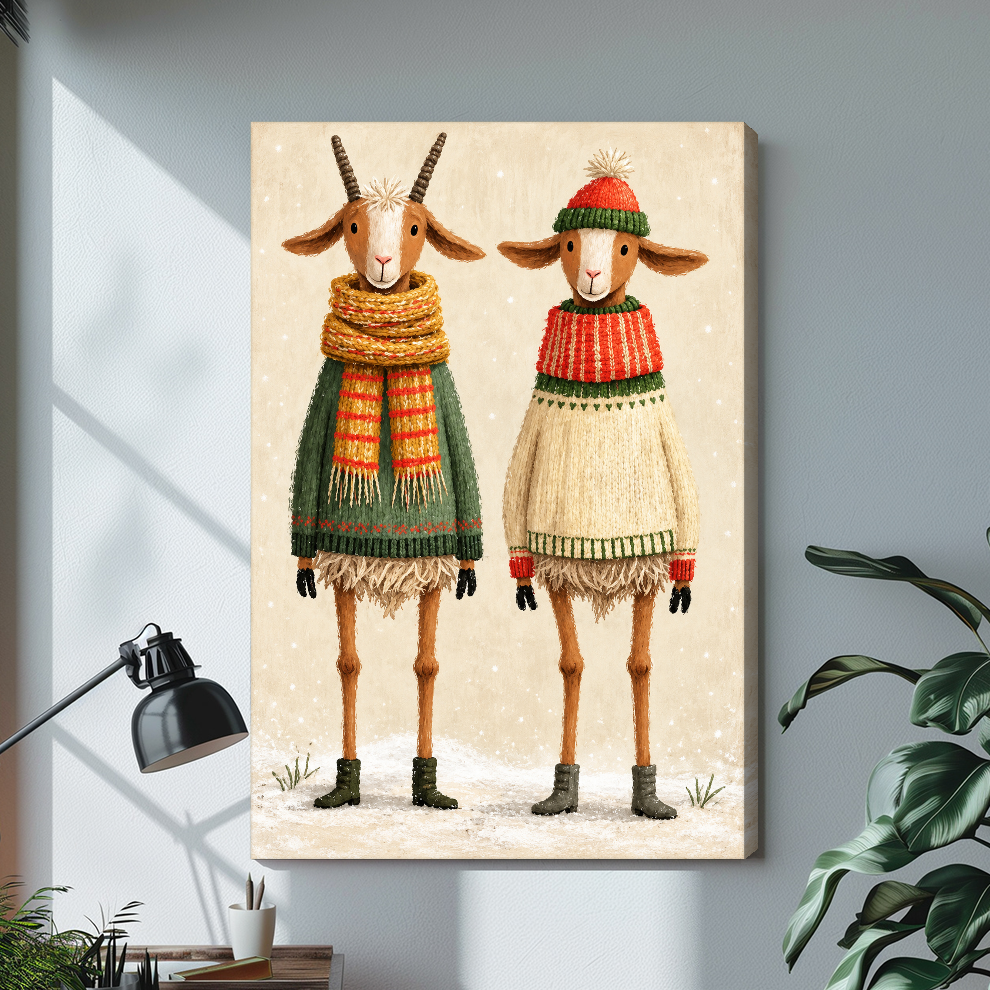 Stretched cozy winter goat pair canvas with a visible wrapped edge in the selected room setting.