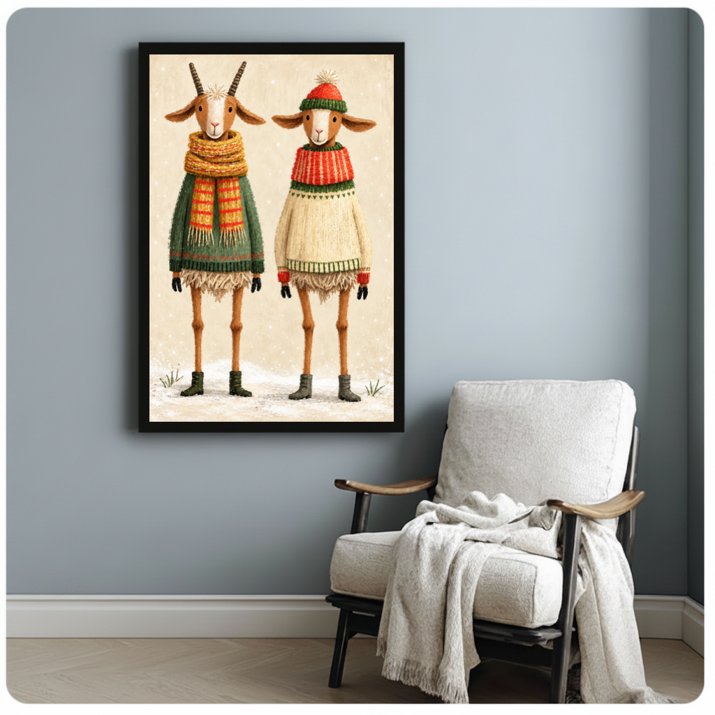 Framed cozy winter goat pair canvas beside a pale reading chair on a blue gray wall.