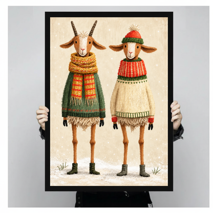 A person holds black framed cozy winter goat pair canvas against a light neutral background.