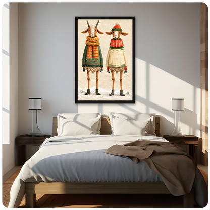 Framed cozy winter goat pair canvas above a neutral bed beside soft bedroom lighting and lamps.