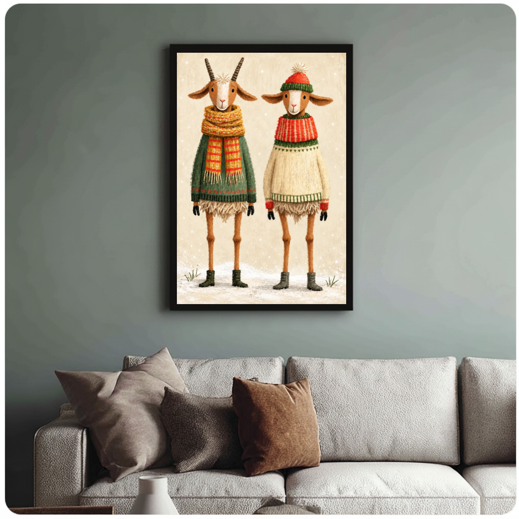 Framed cozy winter goat pair canvas above a neutral sofa with cushions against a muted wall.