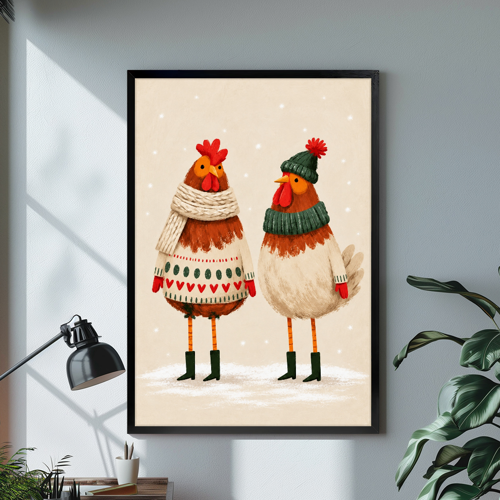 Black framed cozy winter chicken pair canvas on a pale wall above a desk and plant.