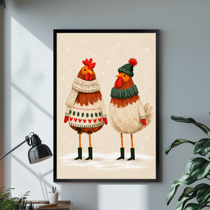 Black framed cozy winter chicken pair canvas on a pale wall above a desk and plant.