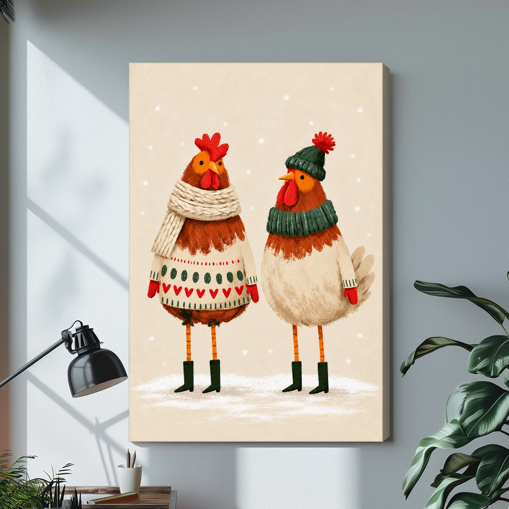 Stretched cozy winter chicken pair canvas with a shaded wrapped edge in the selected room setting.