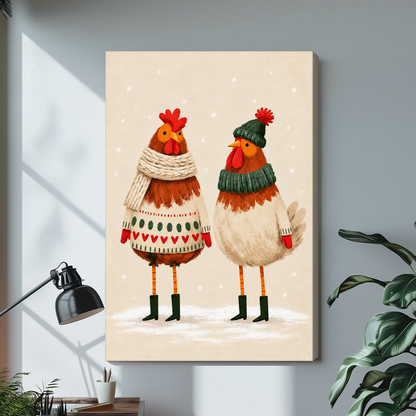 Stretched cozy winter chicken pair canvas with a shaded wrapped edge in the selected room setting.