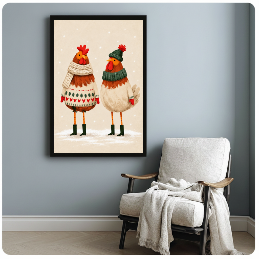 Framed cozy winter chicken pair canvas beside a pale reading chair on a blue gray wall.