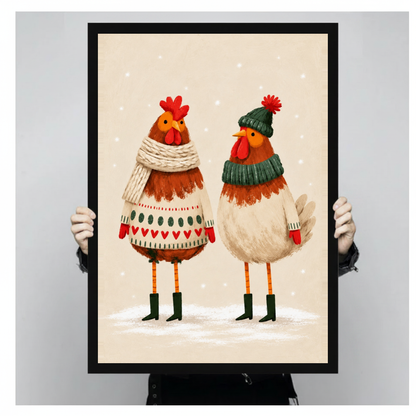Framed cozy winter chicken pair canvas held by a person against a light neutral background.