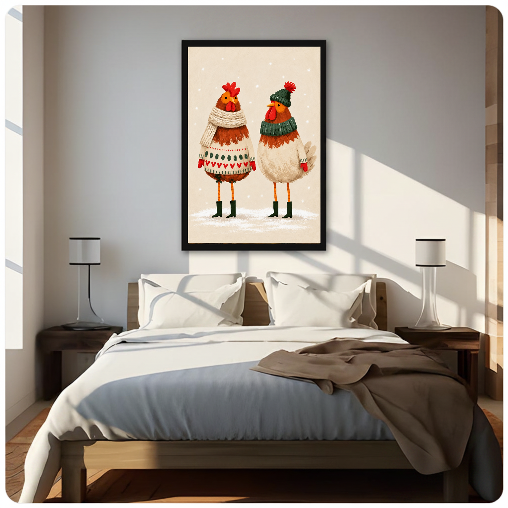Framed cozy winter chicken pair canvas above a neutral bed beside soft bedroom lighting and lamps.