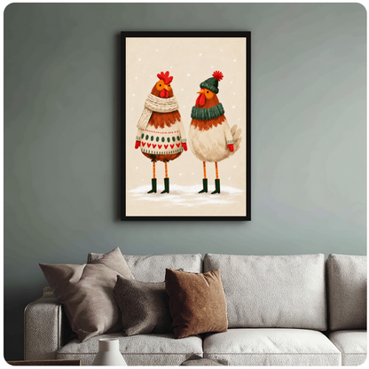 Framed cozy winter chicken pair canvas above a neutral sofa with cushions against a muted wall.