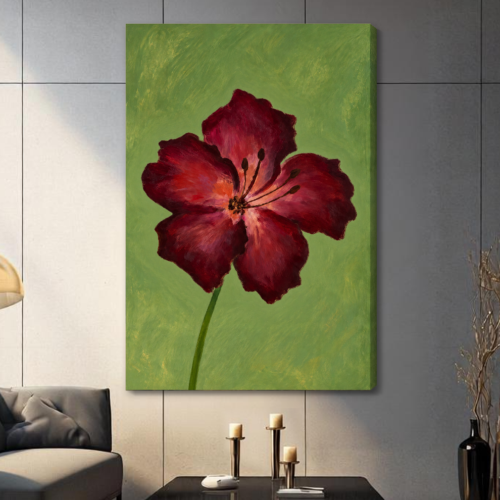 Stretched burgundy bloom on olive canvas with a visible wrapped edge in the selected room setting.