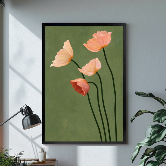 Black framed four blush poppies canvas displayed above a console in the selected room setting.