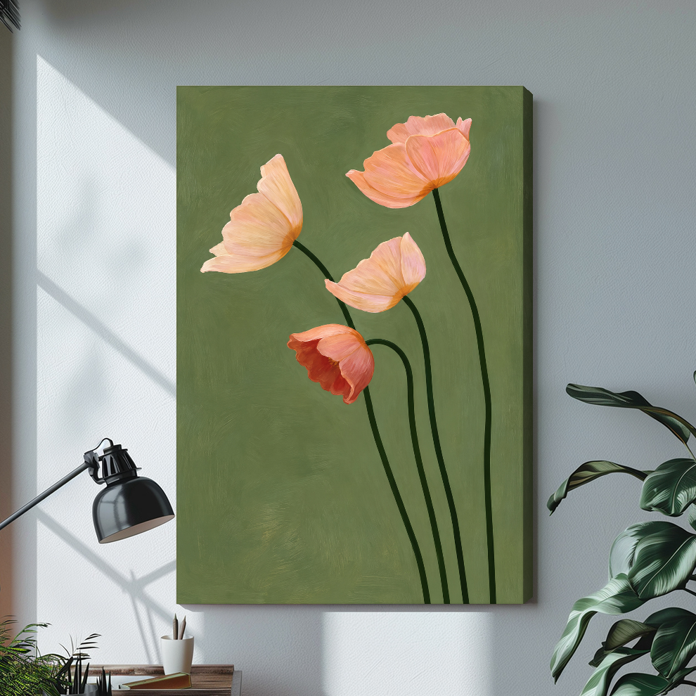 Stretched four blush poppies canvas with a visible wrapped edge in the selected room setting.