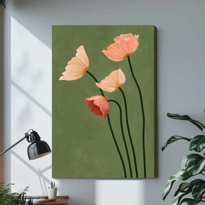 Stretched four blush poppies canvas with a visible wrapped edge in the selected room setting.