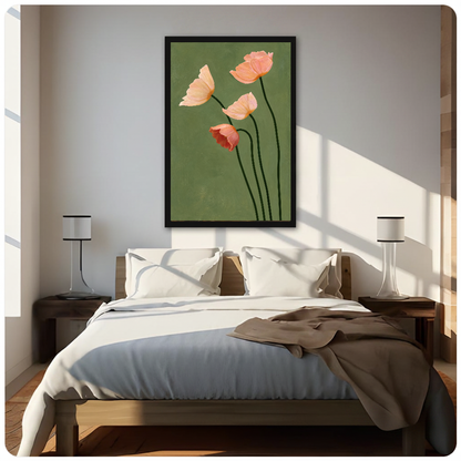 Framed four blush poppies canvas above a neutral bed beside soft bedroom lighting and lamps.
