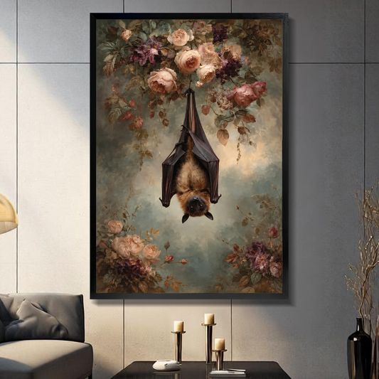 Black framed hanging bat and roses canvas displayed above a console in the selected room setting.