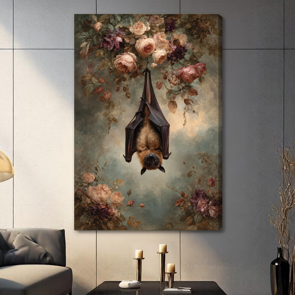 Stretched hanging bat and roses canvas with a visible wrapped edge in the selected room setting.