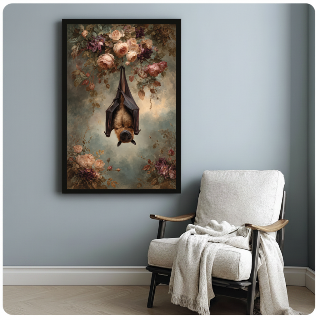 Framed hanging bat and roses canvas beside a pale reading chair on a blue gray wall.