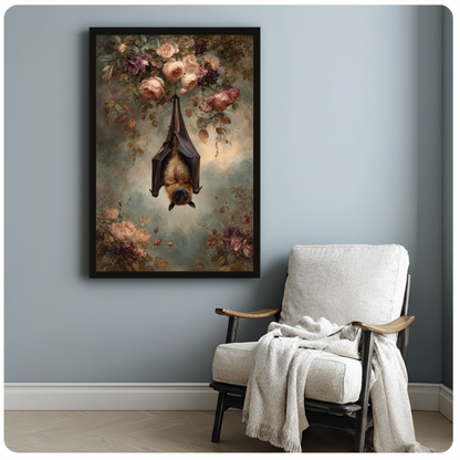 Framed hanging bat and roses canvas beside a pale reading chair on a blue gray wall.