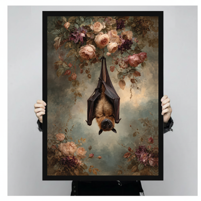 A person holds black framed hanging bat and roses canvas against a light neutral background.