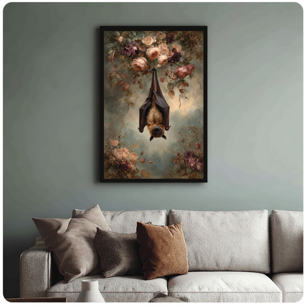 Framed hanging bat and roses canvas above a neutral sofa with cushions against a muted wall.