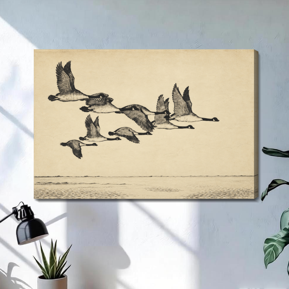 Stretched flying geese over quiet water canvas with a shaded wrapped edge in the selected room setting.