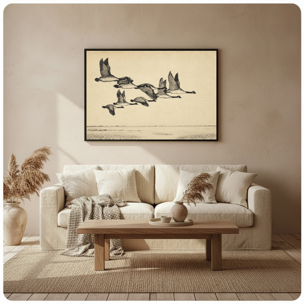 Framed flying geese over quiet water canvas above a beige sofa beside pampas grass and a wooden table.