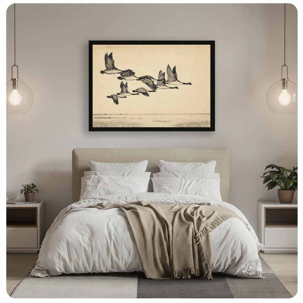 Framed flying geese over quiet water canvas above a gray bed between two hanging lamps.
