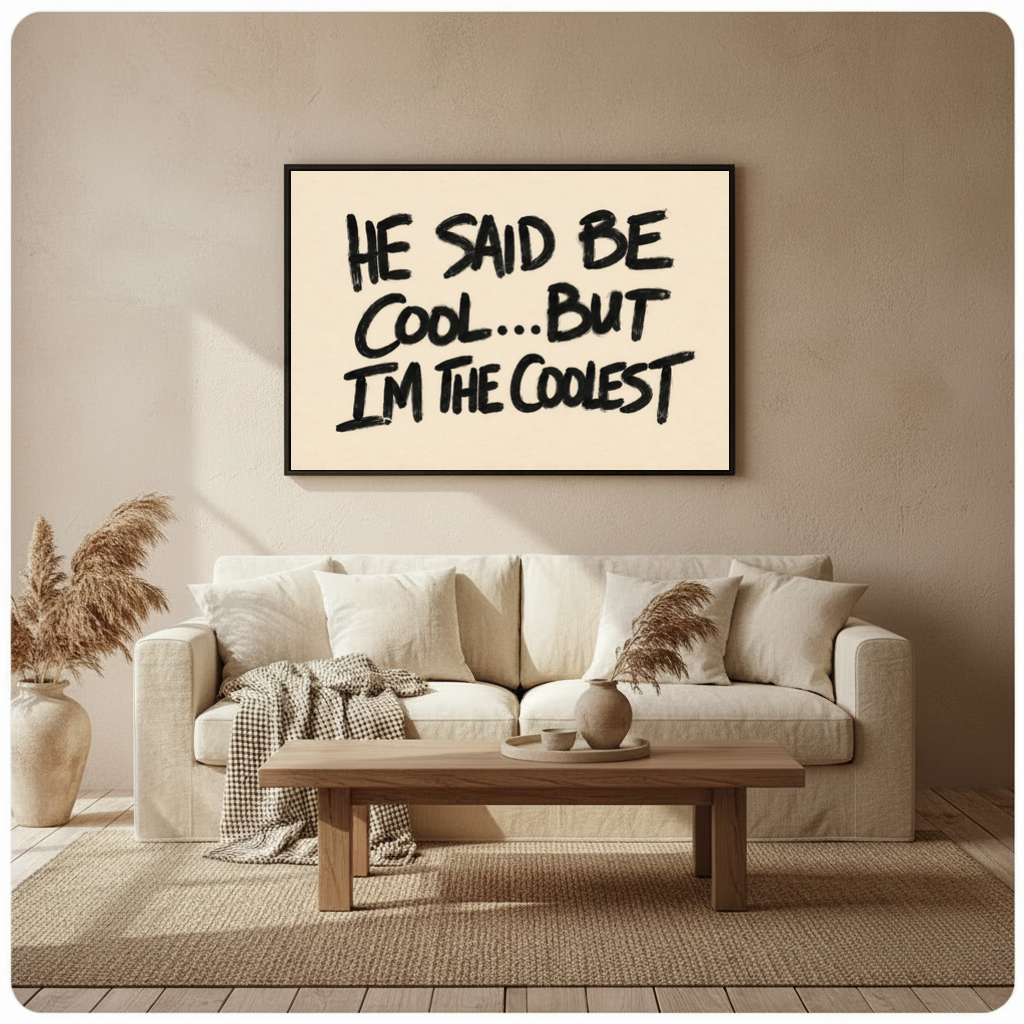 Framed he said be cool quote canvas above a beige sofa beside pampas grass and a wooden table.