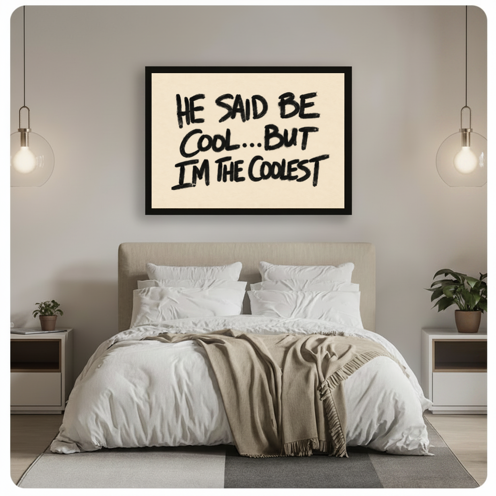 Framed he said be cool quote canvas above a gray bed between two hanging lamps.