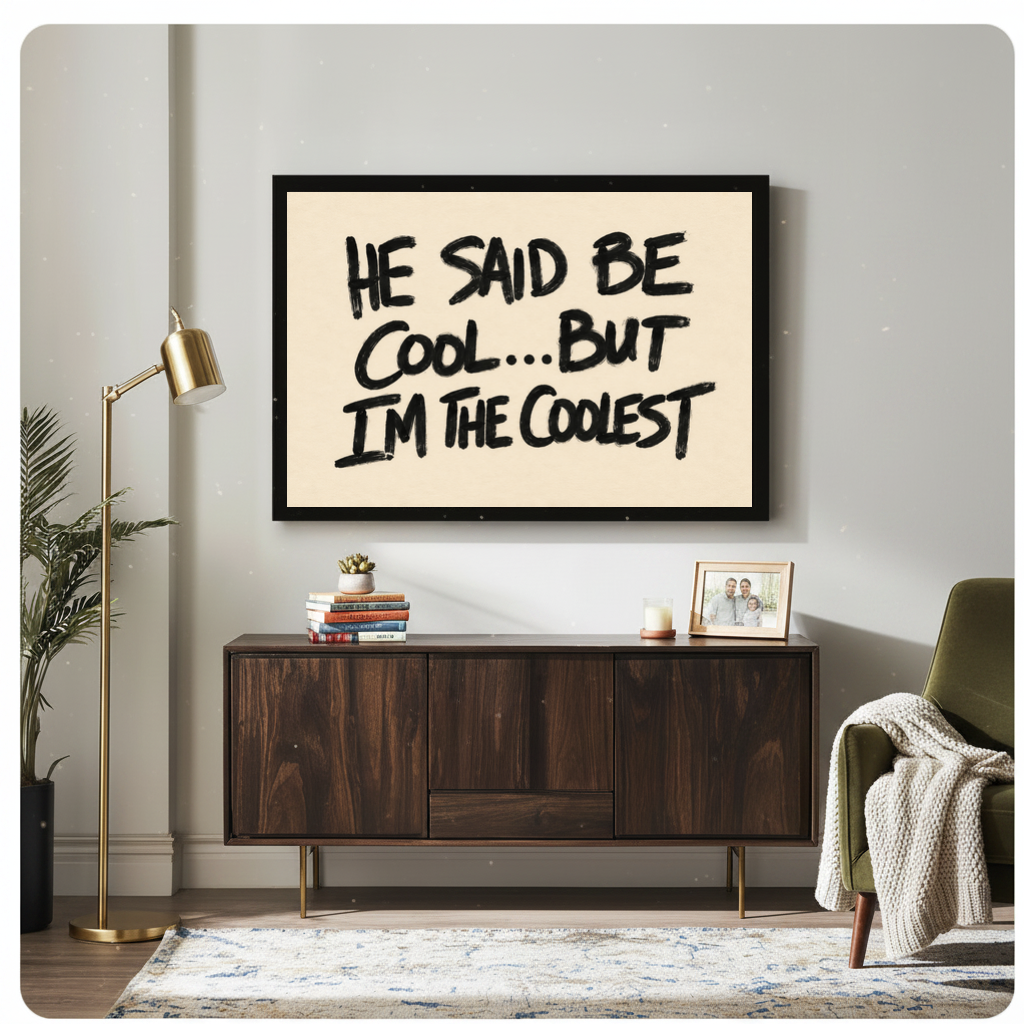 Framed he said be cool quote canvas above a wooden sideboard with books and a brass lamp.