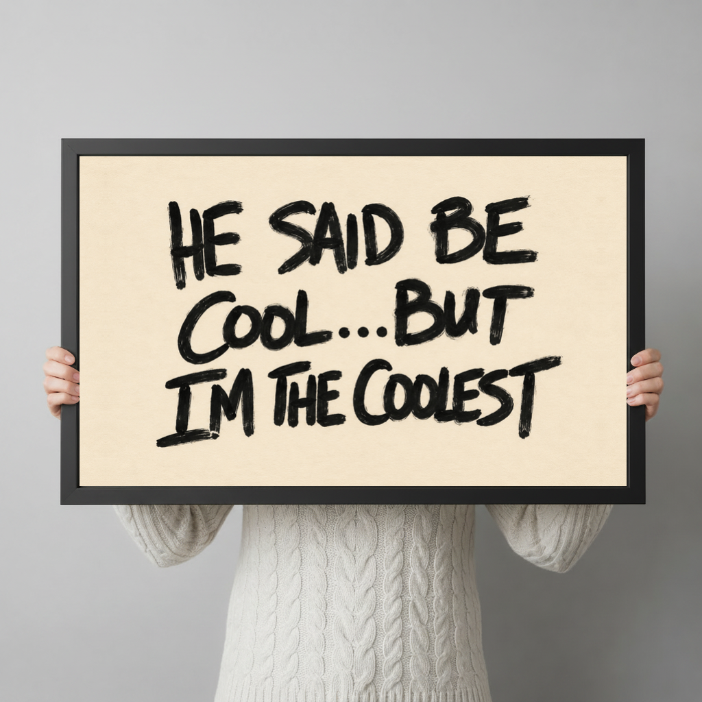 A person wearing a cream sweater holds black framed he said be cool quote canvas in both hands.